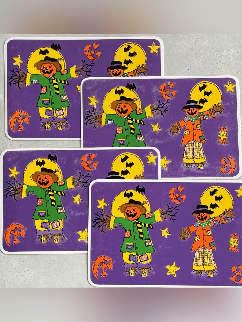 90s Vintage Set of 4 Vinyl Happy Halloween Scarecrow Placemats Jack-o-lanterns